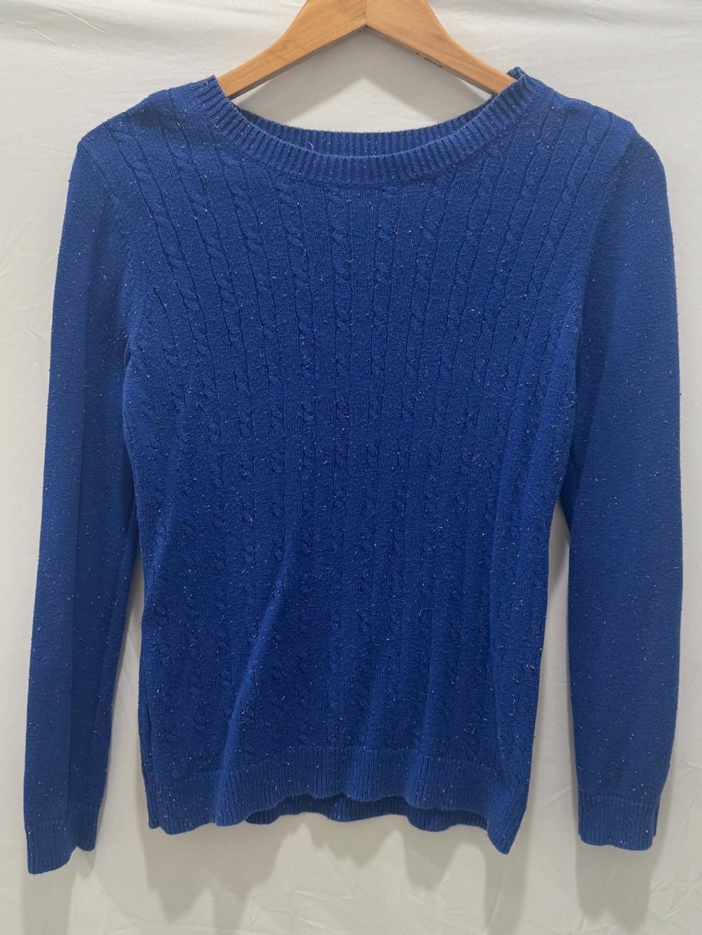 Laura Scott Blue Sparkle Cable-Knit Crewneck Sweater Women button accent Size S